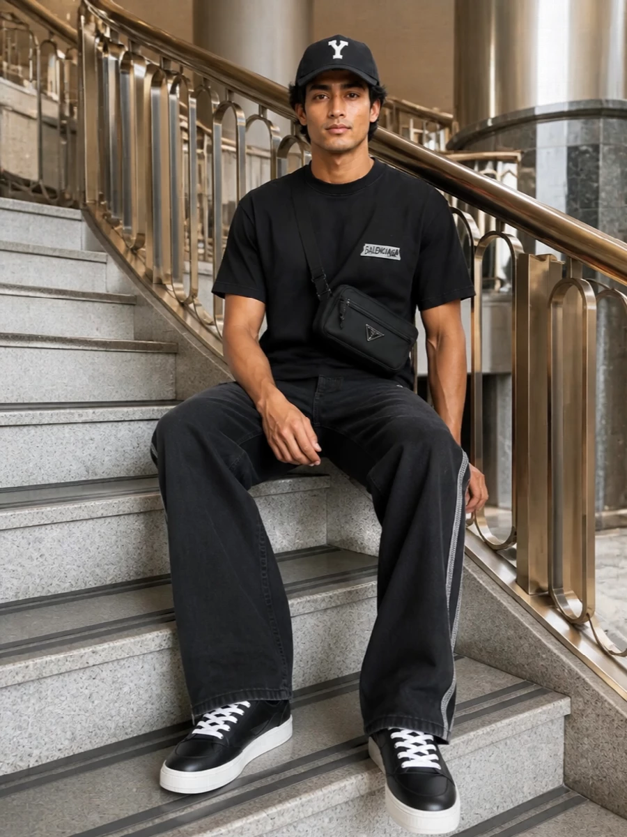 Think of this as a clean, city-uniform take on sport: black logo tee, striped denim and a sharp monochrome sneaker working in one continuous line. The palette stays almost entirely black with measured white hits, so it feels graphic without shouting. It is relaxed enough for all-day wear but reads considered from cap to belt bag when you catch it in a mirror or a photo.