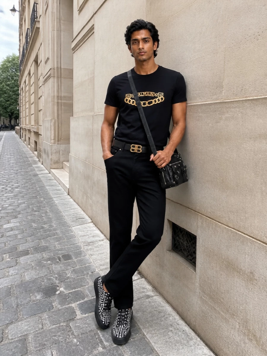 A black and gold Balmain tee sits over sharp black straight-leg trousers for a clean, Parisian street take on monochrome. Graphic monogram sneakers, a moto-detailed crossbody and a gold-buckled belt bring in metal accents that echo the chain logo without overwhelming it. The result is an easy off-duty uniform that still reads precise and high-impact.