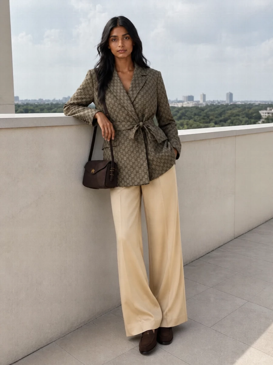 Gucci’s belted GG blazer wraps over Ermanno Scervino’s champagne wide-leg, creating a long, cinched column that feels poised for serious meetings or low-key cocktails. Deep chocolate loafers and a matching suede shoulder bag anchor the soft neutrals, keeping the palette warm and considered. The result is tailored, monogrammed quiet luxury that reads confident without ever feeling hard-edged.