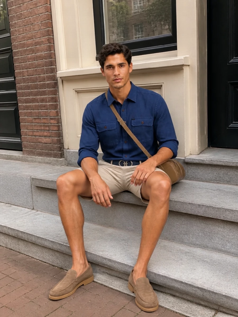 Fay blue utility shirt sand chino shorts outfit