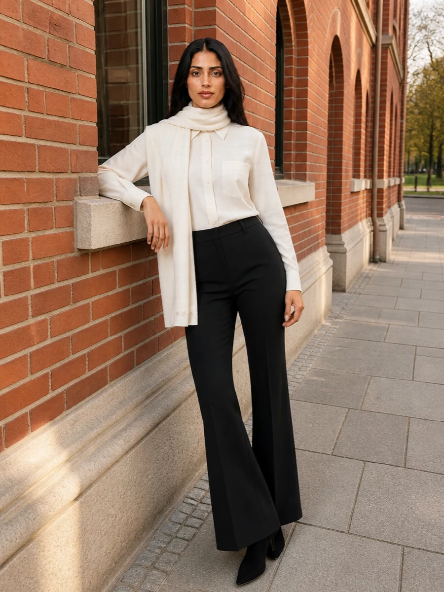 The row ivory shirt black flared trousers outfit