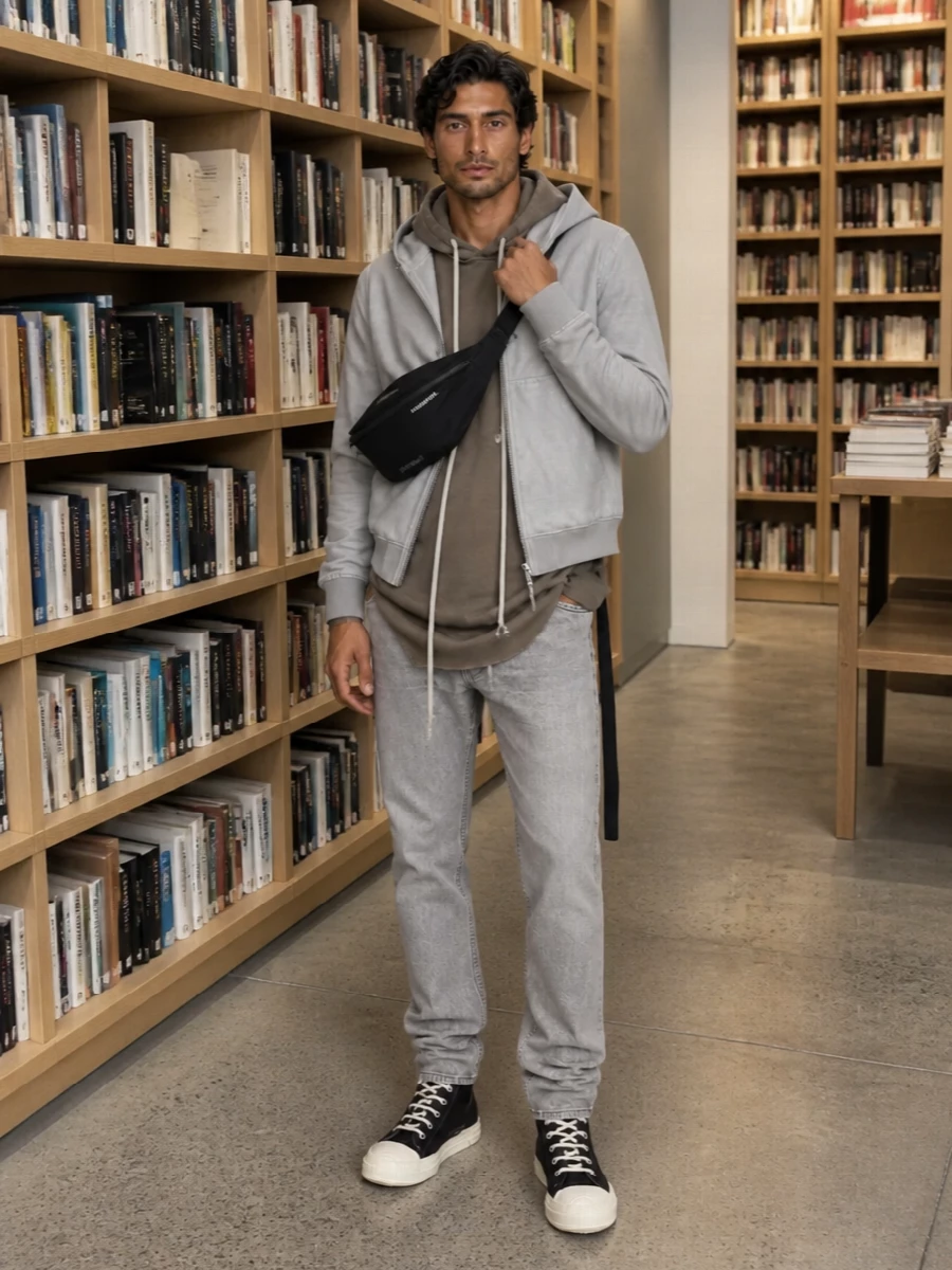 Rick owens drkshdw hoodie grey jeans outfit