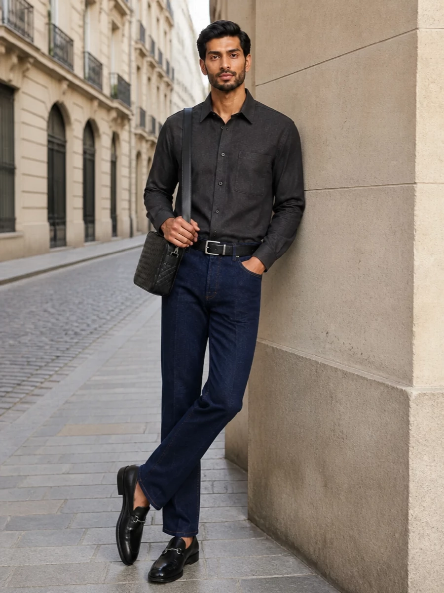 Gucci dark indigo denim charcoal shirt outfit