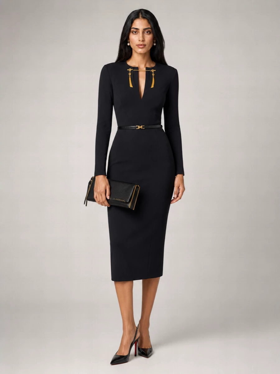Elisabetta Franchi Long Sleeve Midi Dress