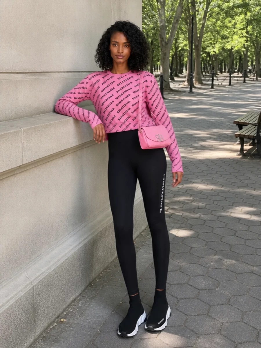 Balenciaga’s bubblegum logo knit sits on a base of black second-skin leggings, keeping the proportions lean and graphic. Sock sneakers continue the streamlined line, while a bubblegum baguette injects a sharp hit of color at the shoulder. The result is a confident, city-ready mix of preppy pink and athletic street energy that works from coffee runs to late-night taxis.