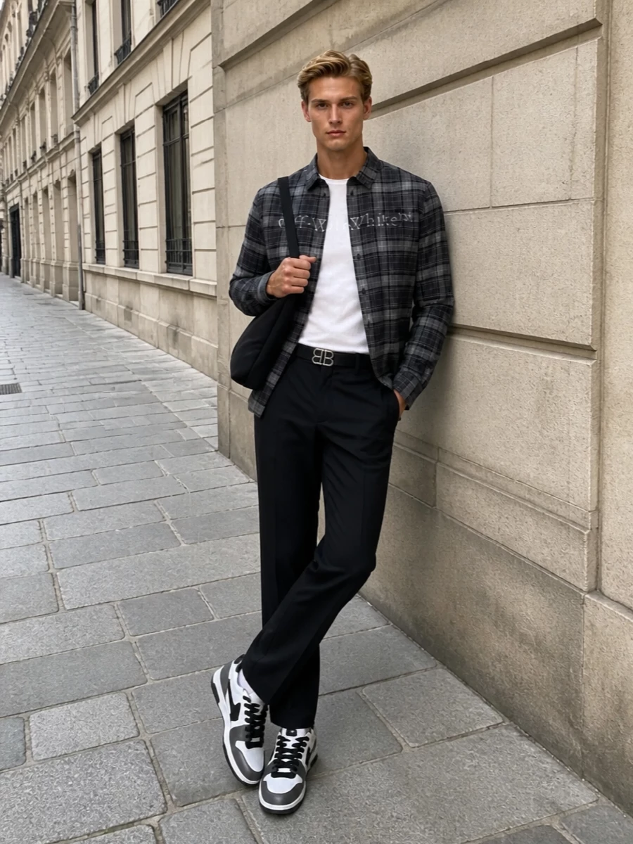 Off white plaid shirt black trousers street style