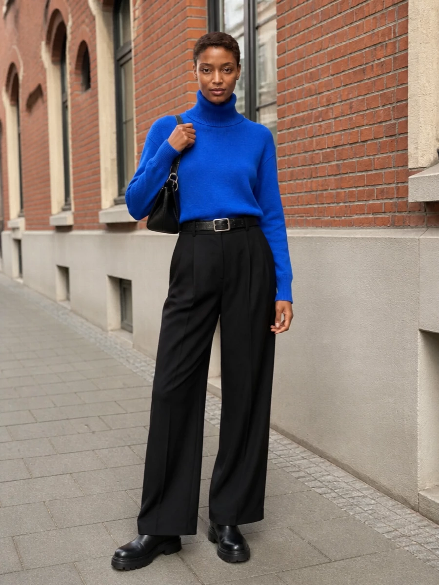 Frankie shop cobalt sweater black wide leg pants
