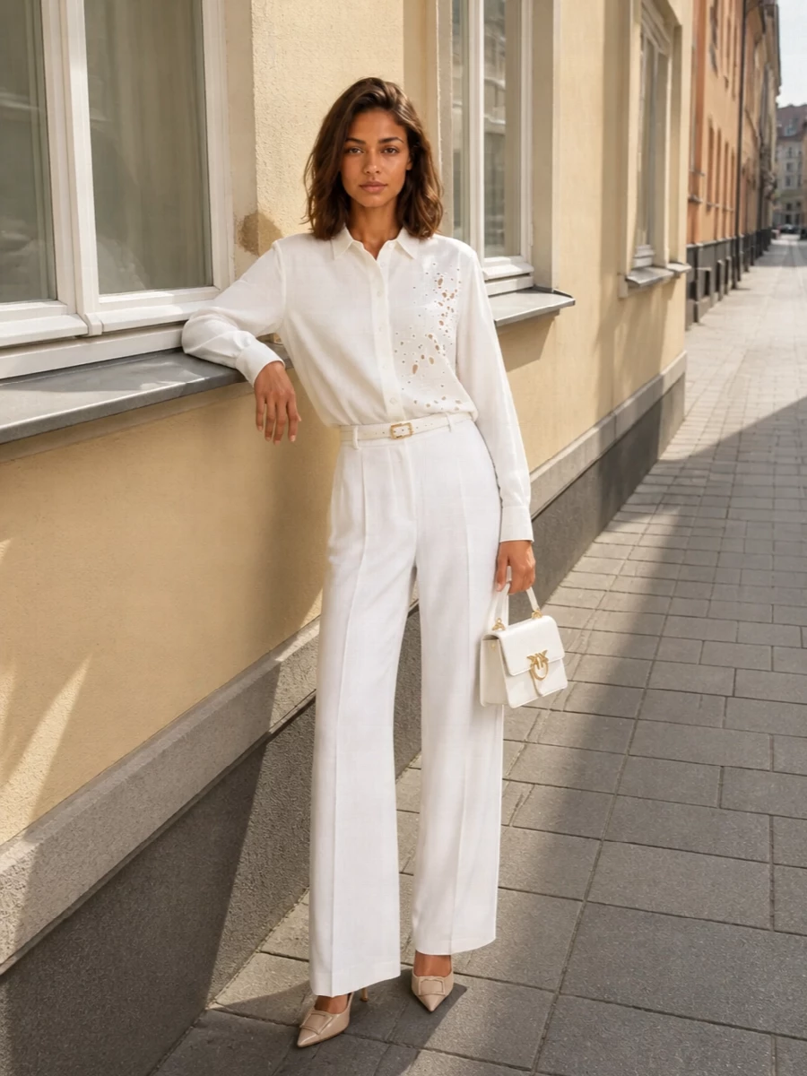 Pinko white shirt wide leg trousers outfit