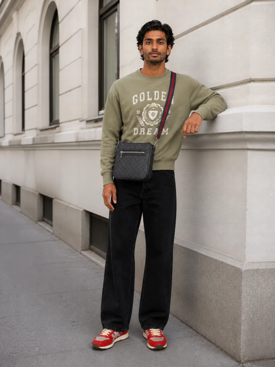 Golden goose sneakers khaki sweatshirt black jeans