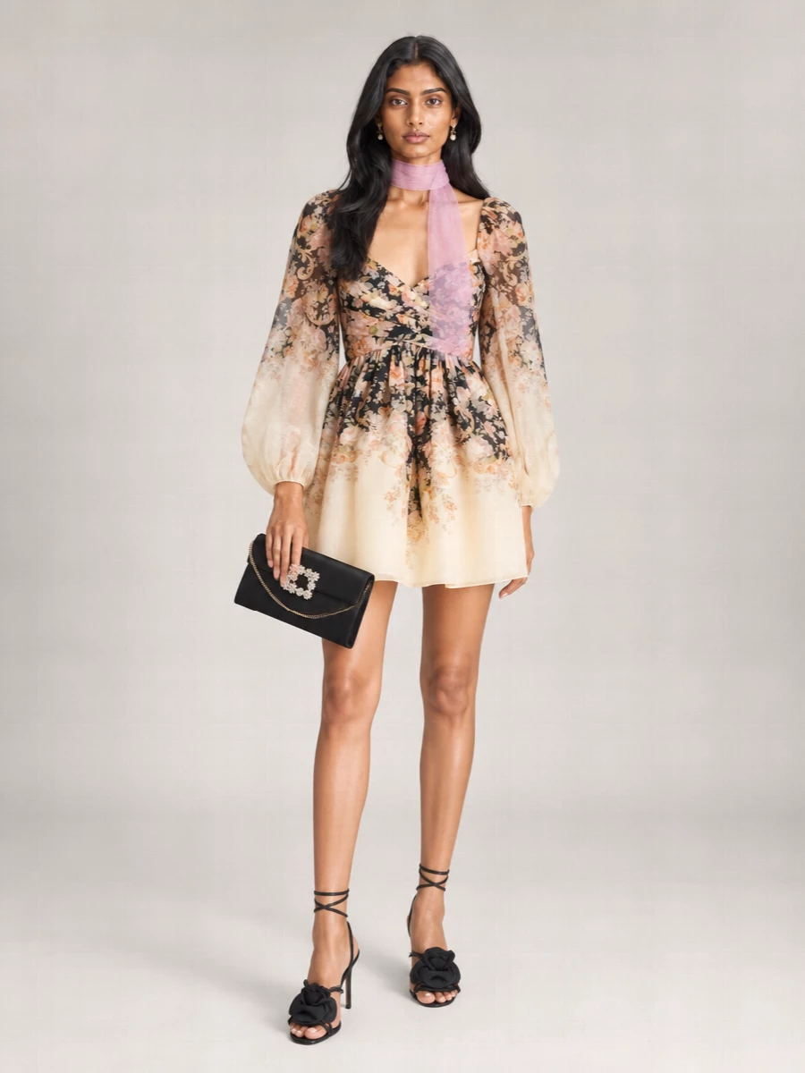 Zimmermann Silk Linen Floral-Print Draped Long-Sleeve Mini Dress