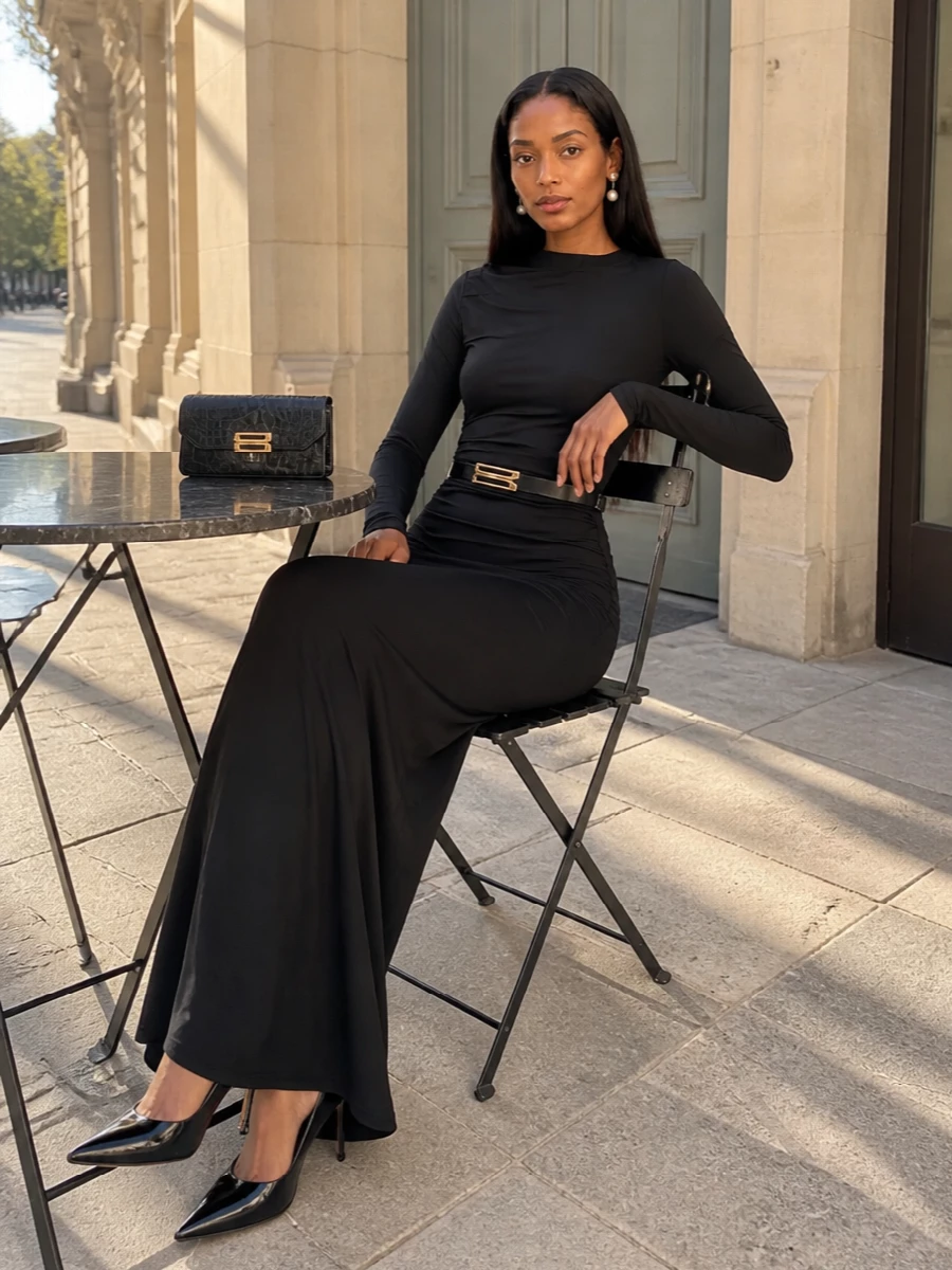 Victoria beckham black maxi dress pumps clutch