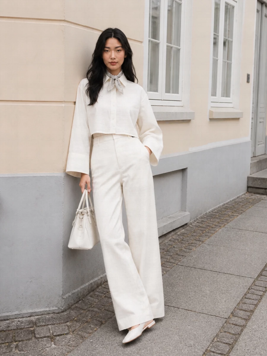 A fully tonal Margiela pairing lets the cropped ivory shirt sit against a high-rise wide leg in the same soft register, so the silhouette feels long, lean and quietly graphic. Flat white slingbacks keep everything grounded and modern, while the structured white top-handle and a slim numeric-print scarf add just enough structure and intellect without breaking the calm palette. It is pared back, polished and ready for anything from a gallery afternoon to a low-key dinner.