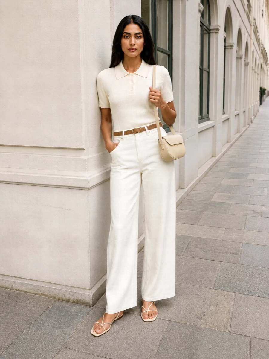 Apc ivory wide leg trousers collared knit outfit