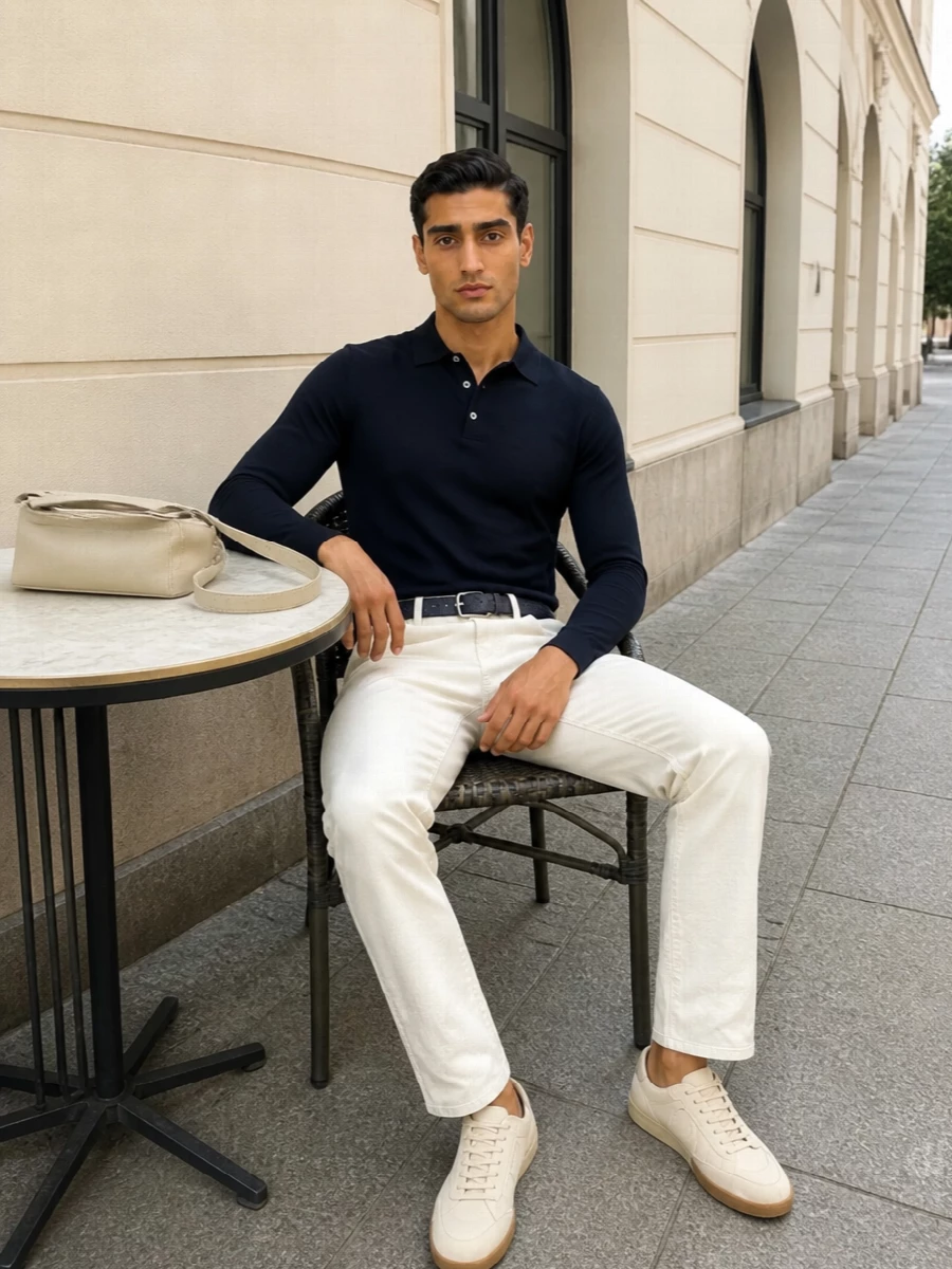 Deep navy and ivory keep this outfit calm and sharp, with the knit polo reading almost like a fine sweater against crisp, clean trousers. Suede sneakers and a slim pale leather shoulder bag soften the precision just enough, so it works equally well for relaxed office days and low-key evenings out.