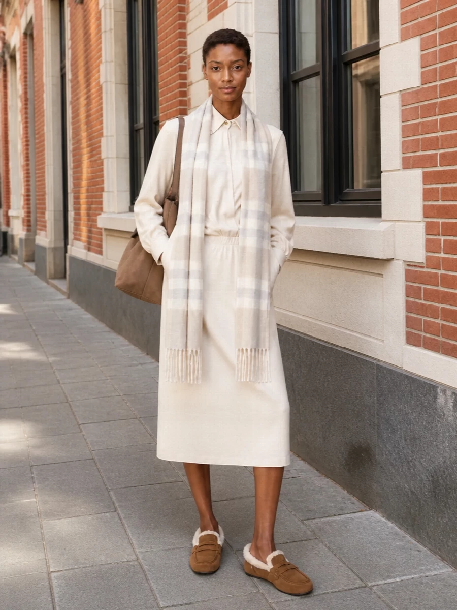 I chose the dress path to let Burberry’s soft check scarf stay the only pattern and keep the outfit calm and streamlined. The Alberta Ferretti cream shirt dress, camel Miu Miu loafers and taupe Stella McCartney tote create a monochromatic, office-ready composition that feels warm yet understated. It is a quietly expensive, winter-appropriate ensemble that moves seamlessly from desk to a low-key dinner with nothing more than a jewelry change.