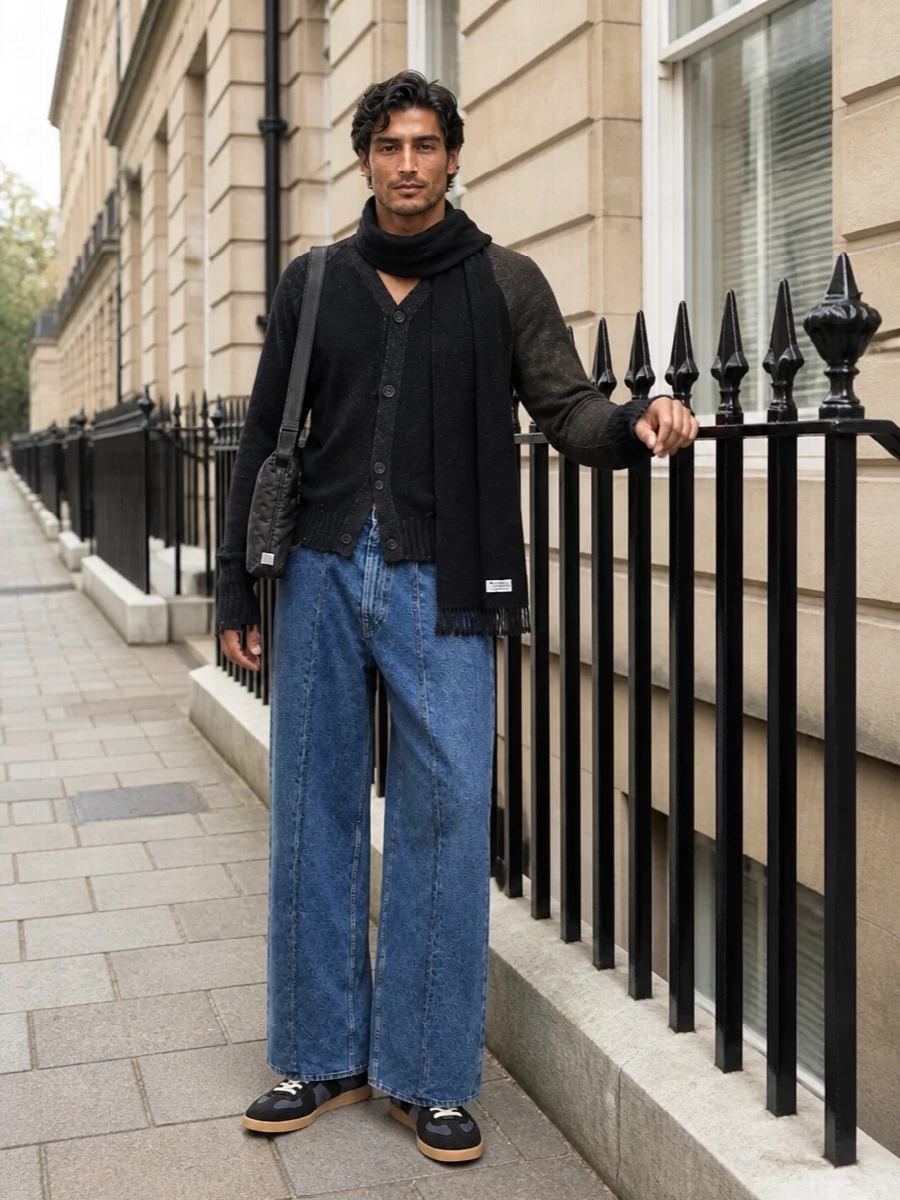 Mm6’s raglan cardigan sits against high-rise, architectural wide-leg denim for a slouchy, grunge-leaning silhouette that still feels clean and intentional. Charcoal-and-black sneakers echo the knit’s panels, while a padded Margiela crossbody and stark black scarf keep everything firmly in that quiet, deconstructed universe. The result is a dark, utility-tinged street outfit that reads thoughtful rather than styled-up.