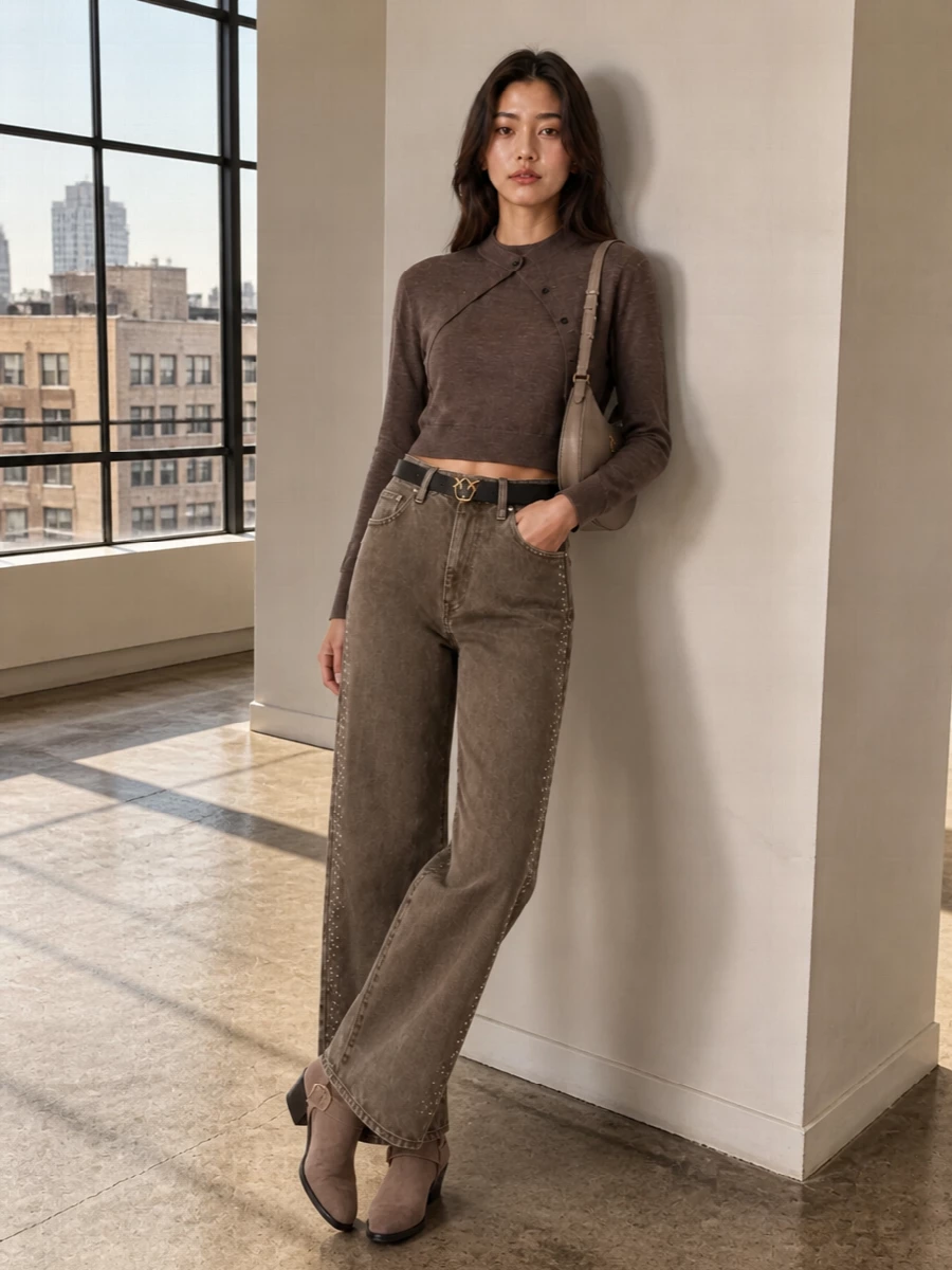 Pinko taupe jeans cropped knit western boots