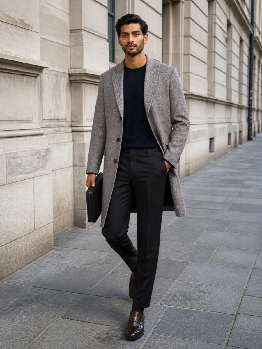 This look is a study in quiet FW tailoring: the taupe herringbone coat sits over a deep navy fine-gauge crewneck and charcoal trousers, creating a refined, tonal interplay of neutrals. Polished brown loafers and a black intrecciato portfolio keep the silhouette sleek and business‑appropriate while underscoring the understated luxury of the ensemble.