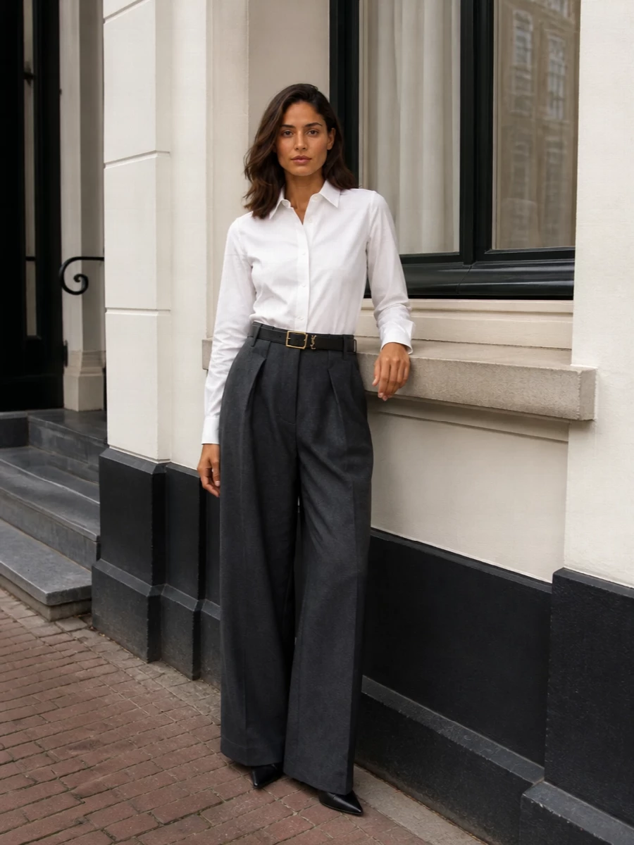 Jacquemus wide leg trousers white shirt outfit