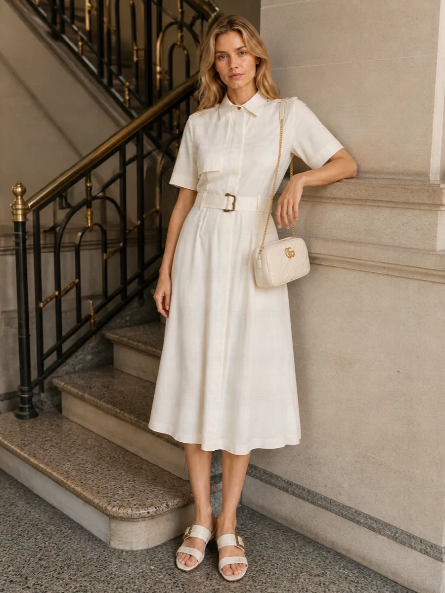I chose the dress route so the Burberry ivory shirt dress and Gucci camera bag can create a clean, uninterrupted neutral column. The tailored belt defines the waist while the soft midi skirt keeps it relaxed, and the ivory Roger Vivier slingbacks finish with a subtle, jewelry-like sheen that matches the gold hardware without feeling fussy.