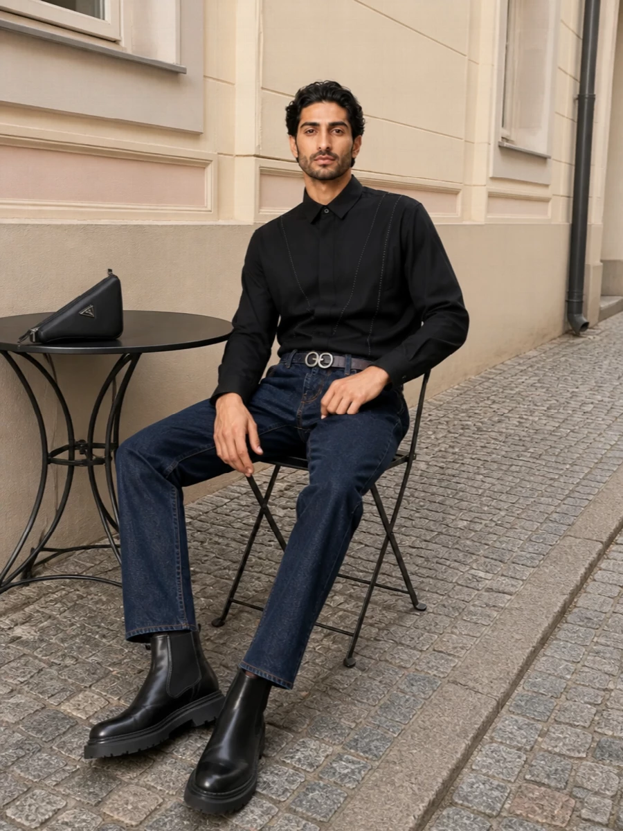 Dark indigo Sacai denim meets an architectural black shirt for a clean, city-ready take on tailored streetwear. Chunky Chelseas and a sculpted Prada crossbody keep the lines sharp while the Balenciaga belt adds a precise hit of hardware. It is a grounded, directional uniform that moves easily from daytime galleries to low-key night dinners in cooler weather.