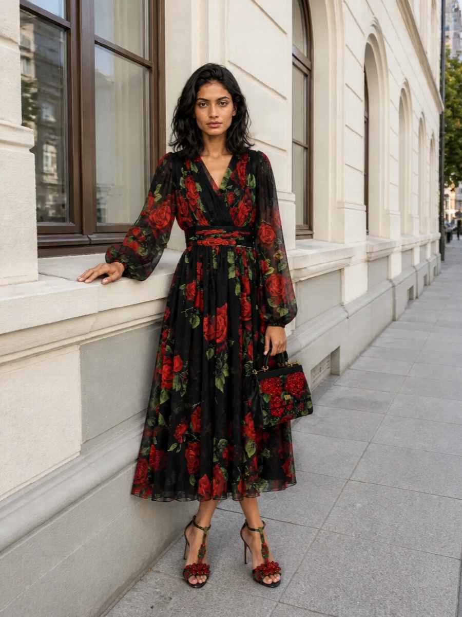 Dolce gabbana rose print wrap dress evening outfit