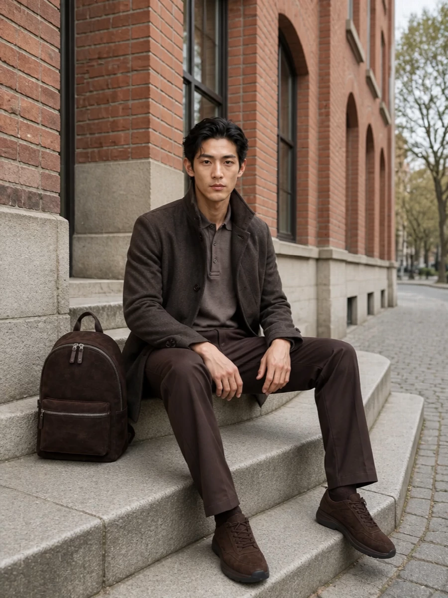 Herno taupe coat taupe polo brown trousers