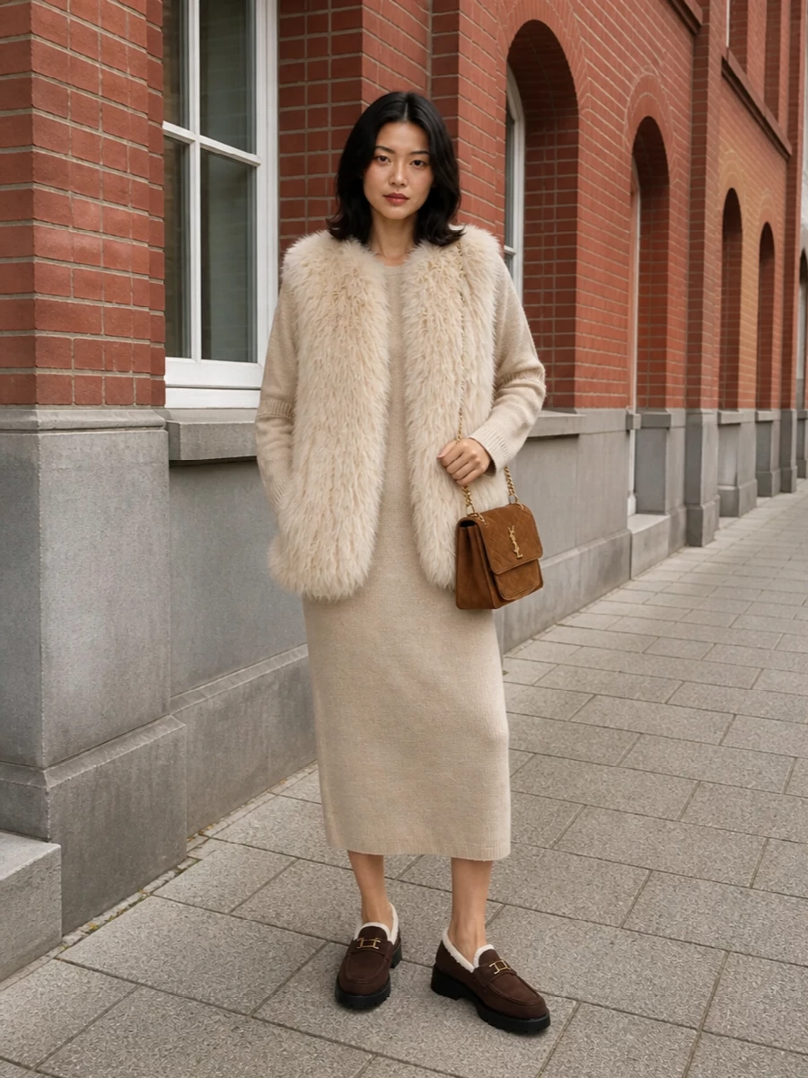 I’m building around the sweater dress rather than a separate top and bottom, because a slim beige column under the Yves Salomon vest keeps all that faux fur feeling intentional, not overwhelming. The Lemaire dress and Saint Laurent suede bag sit in the same quiet-luxury, tactile universe as the vest, while the chocolate Valentino loafers add just enough depth at the base to ground the pale neutrals. The result is a cocooned winter ensemble that reads relaxed and polished in equal measure, ideal for city days that slide into dinner without a change.