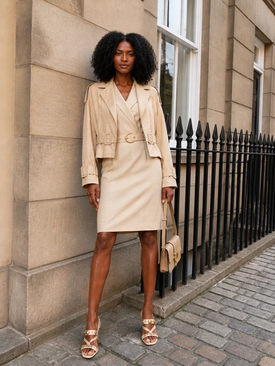 Pinko beige trench jacket blazer dress outfit