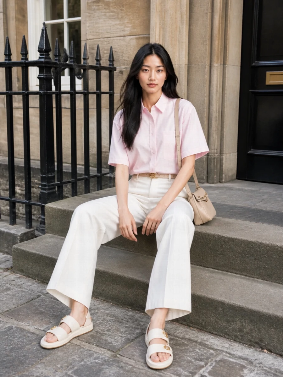 Soft blush and ivory keep this pairing clean and light, with the wide-leg trouser giving the boxy shirt a long, relaxed line. Creamy sandals and a beige cross-body lean into quiet polish, while a nude-blush belt adds just enough structure at the waist. The result is an easy city outfit that feels considered but still low-key for warm days.