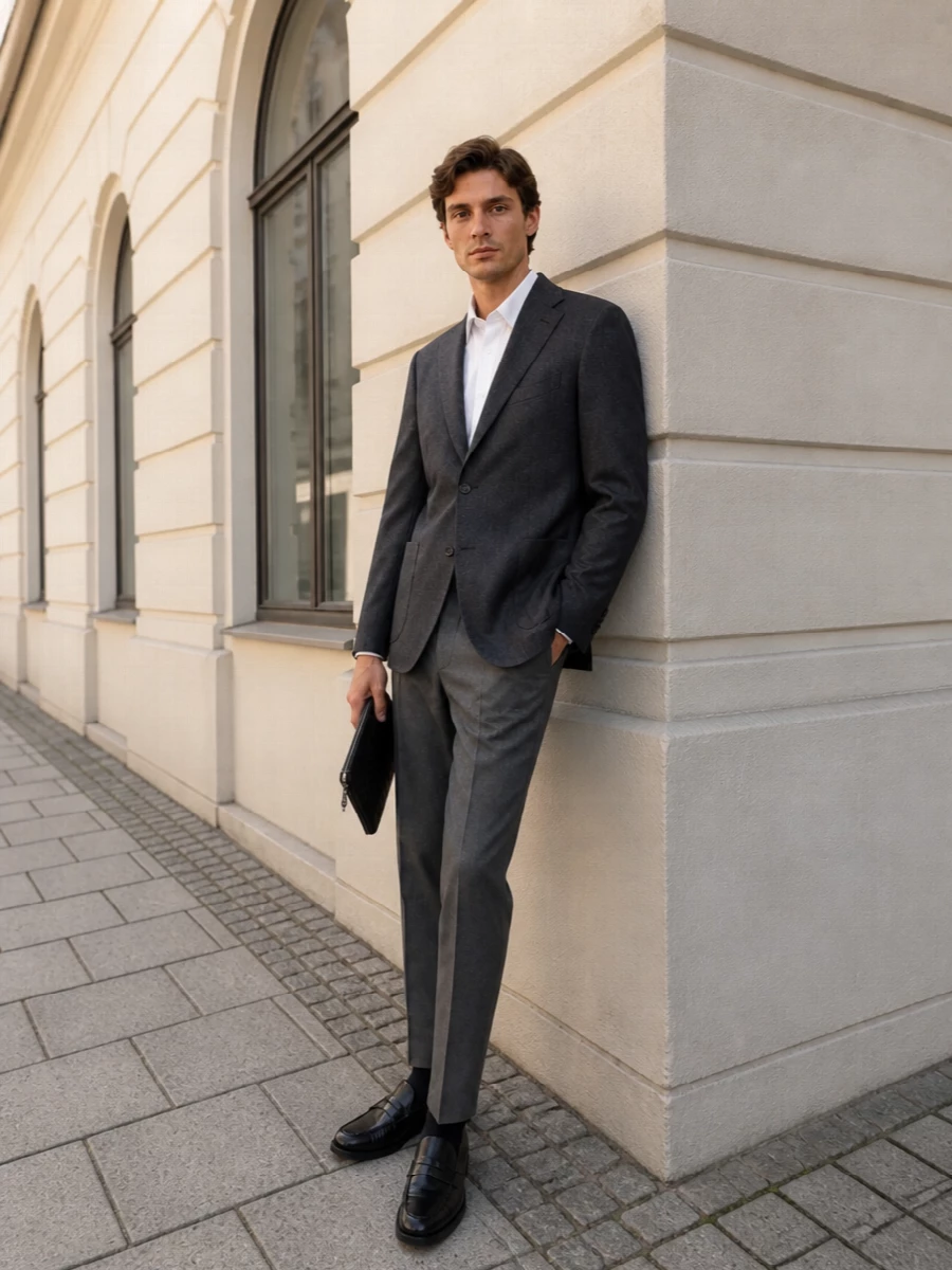 Tagliatore blazer charcoal trousers tods loafers