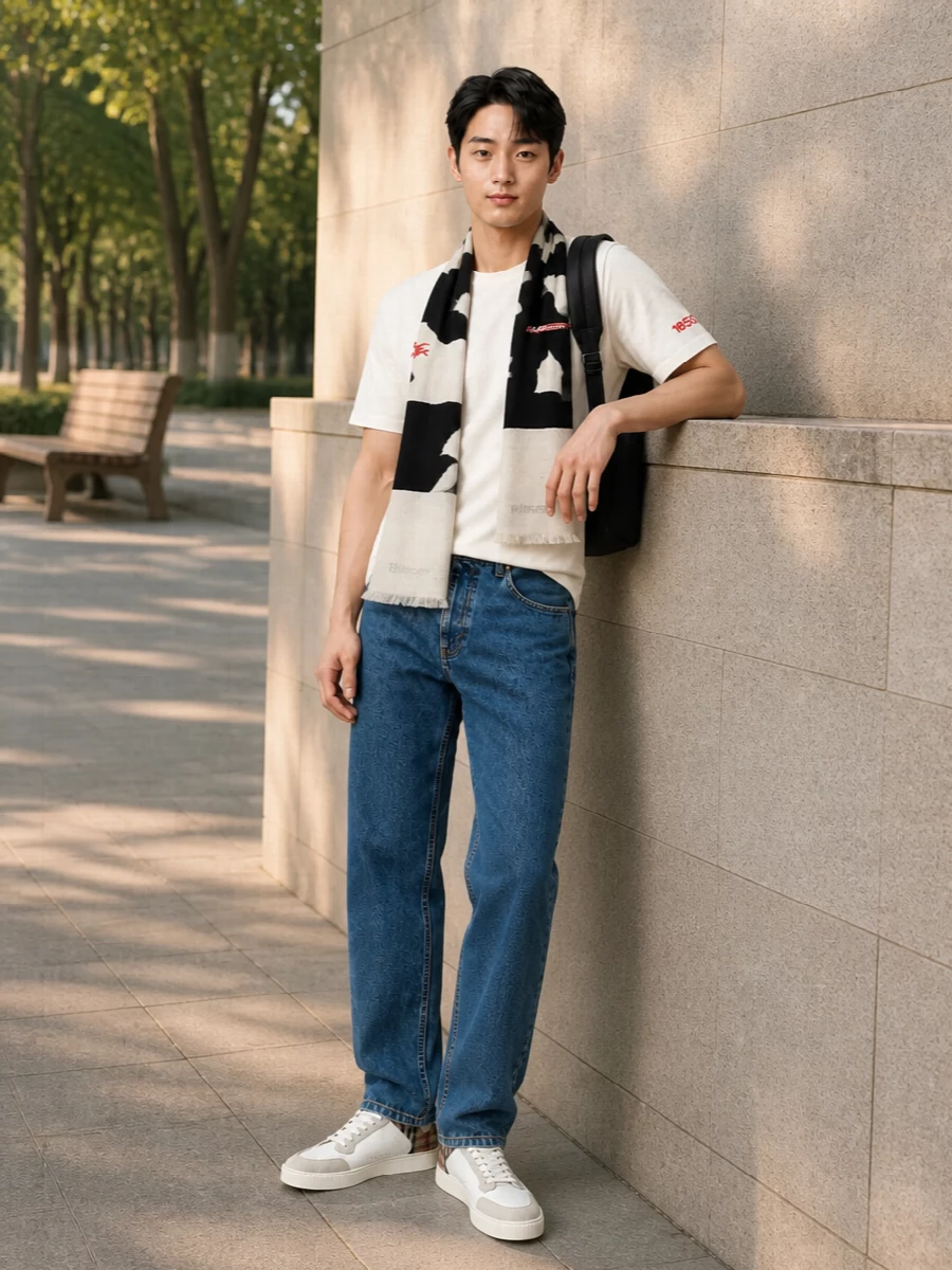 Burberry ivory tee indigo jeans sneakers