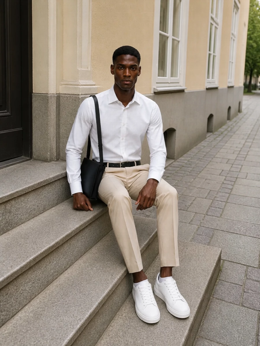 Boss white shirt beige trousers hogan sneakers