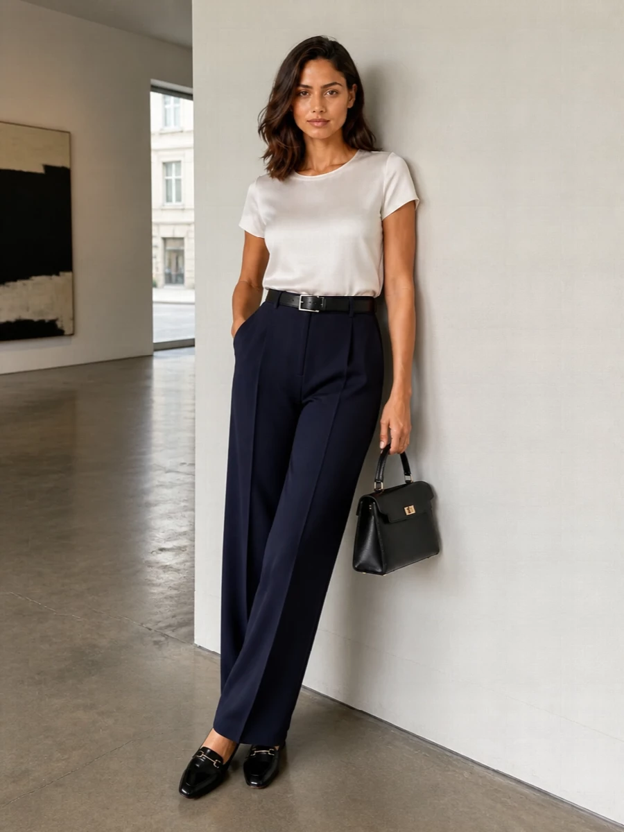 Armani navy wide leg trousers outfit