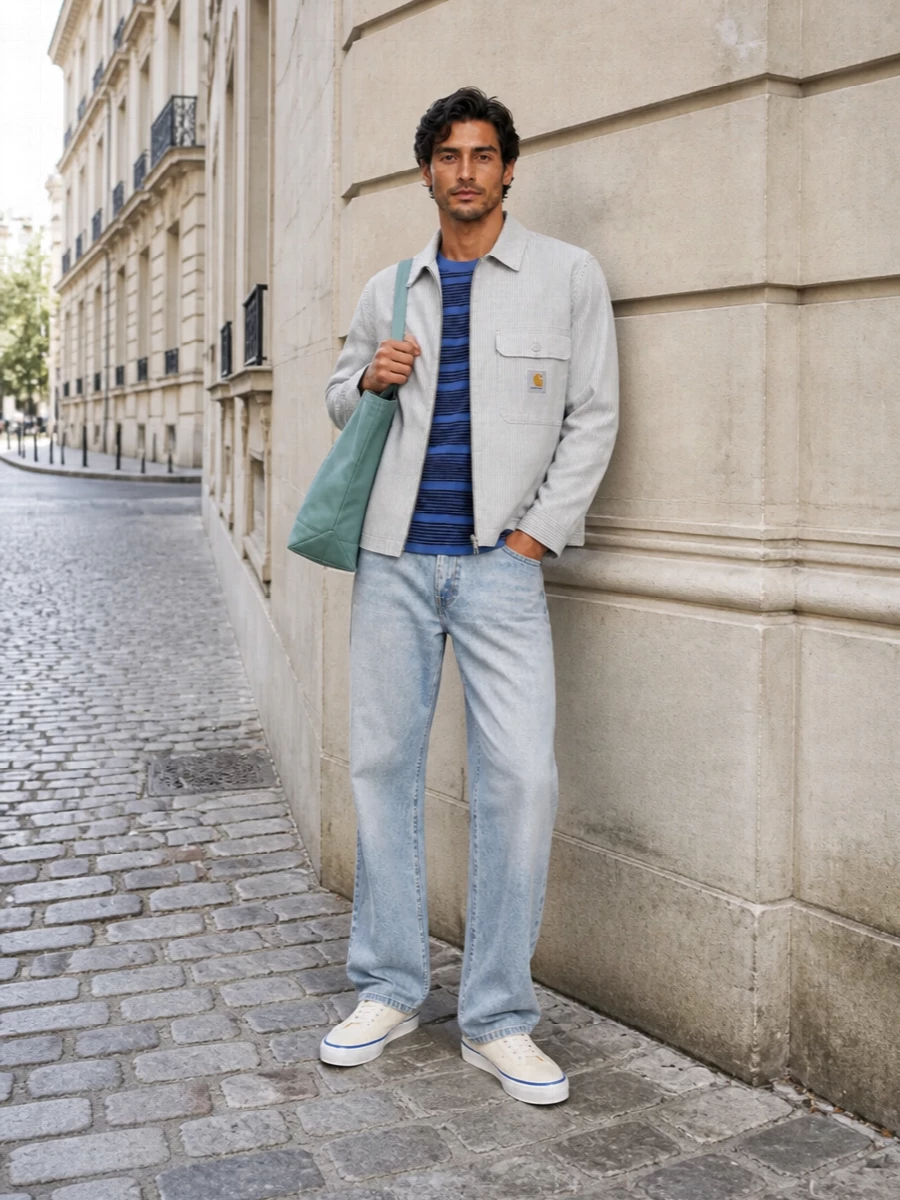 Carhartt striped jacket light wash jeans outfit