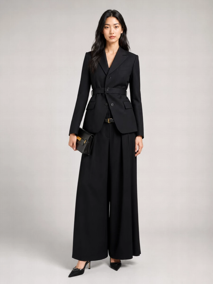 Sacai’s belted blazer meets a high-rise black wide leg to create an elongated, architectural column in pure monochrome. Prada’s pointed slingbacks keep the line razor clean, while a structured Saint Laurent shoulder bag and slim belt add just enough gold to register as evening without tipping into overt glamour. The result is a quietly authoritative suit alternative, ideal for gallery dinners or sharp city nights when you want tailoring to do the talking.