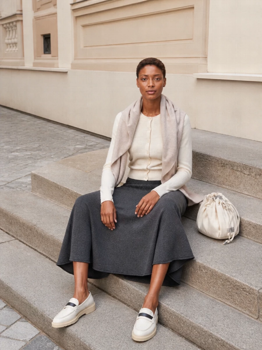 An ivory crew cardigan is cinched into a charcoal Extreme Cashmere flared knit midi, creating a quiet interplay of light and shadow. Creamy Brunello Cucinelli loafers and an ivory pouch keep the palette soft and precise, while an oatmeal scarf adds a final cocoon of warmth. The result is knit dressing that feels considered enough for the office yet relaxed for off-duty city days.