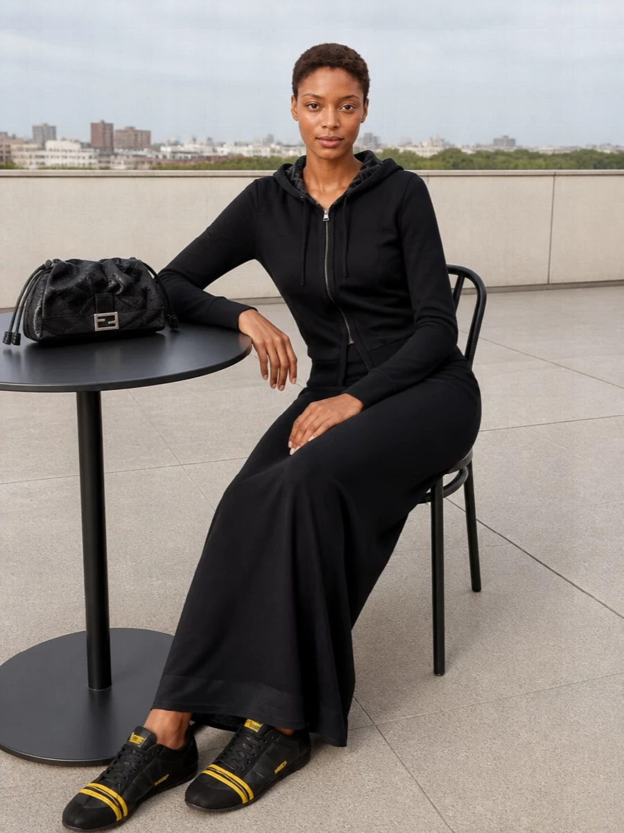 Fendi black hooded dress outfit sneakers