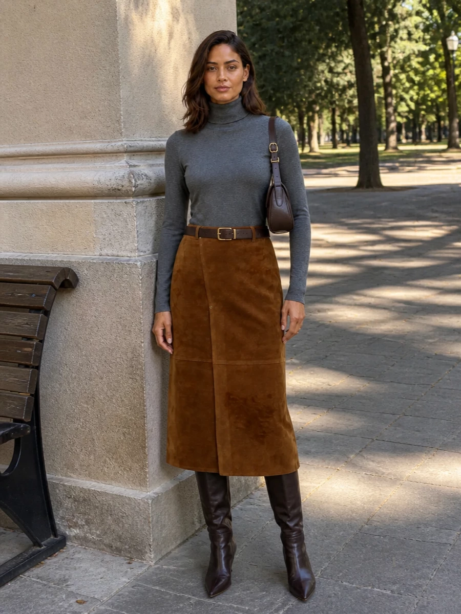 Brunello cucinelli turtleneck suede midi skirt