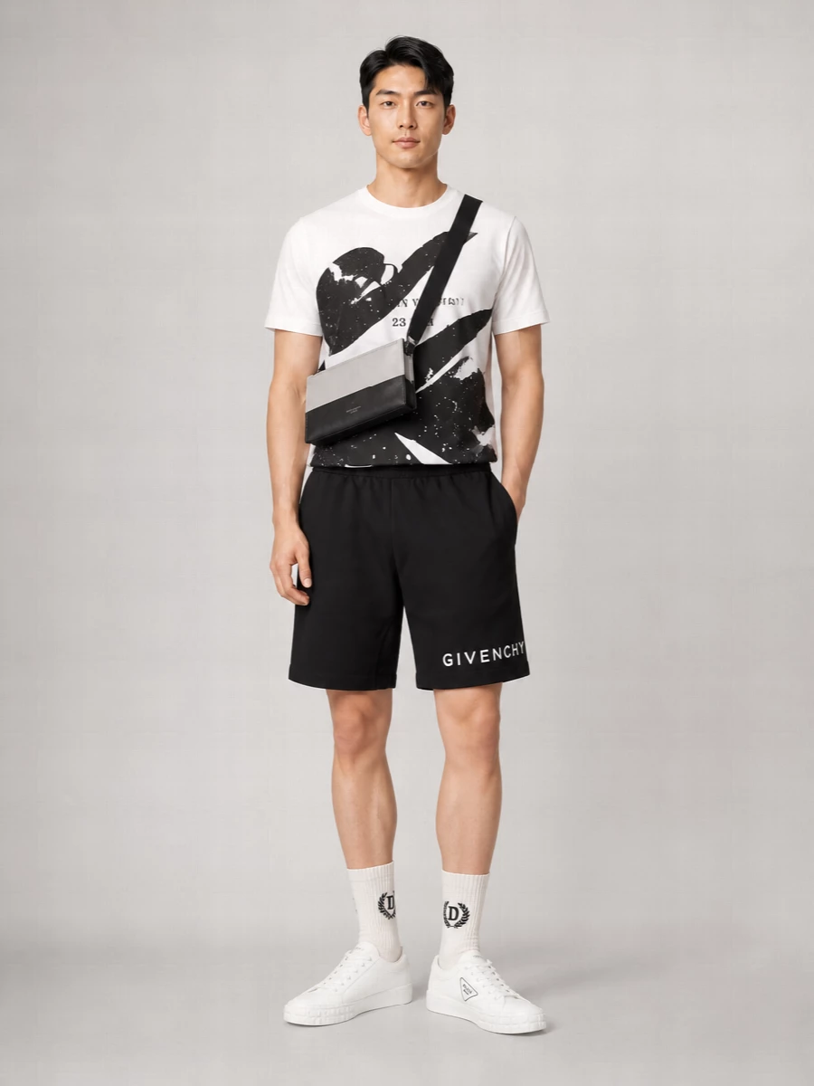 A monochrome street set that feels sharp but easy: graphic tee, clean black shorts and precise white sneakers. The palette stays strictly black and white, so the print reads intentional rather than busy. It is relaxed enough for all-day wear yet polished enough for a gallery afternoon or city dinner.