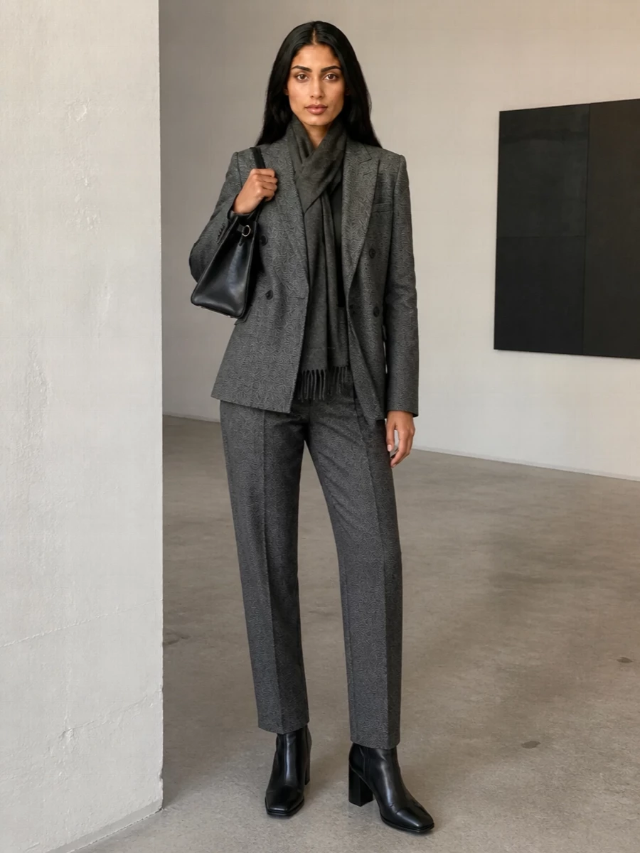 Emporio armani grey blazer tailored trousers outfit