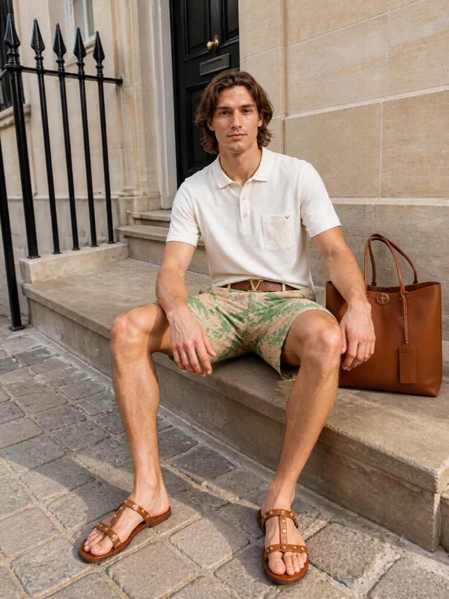 Valentino tropical shorts white polo sandals outfit