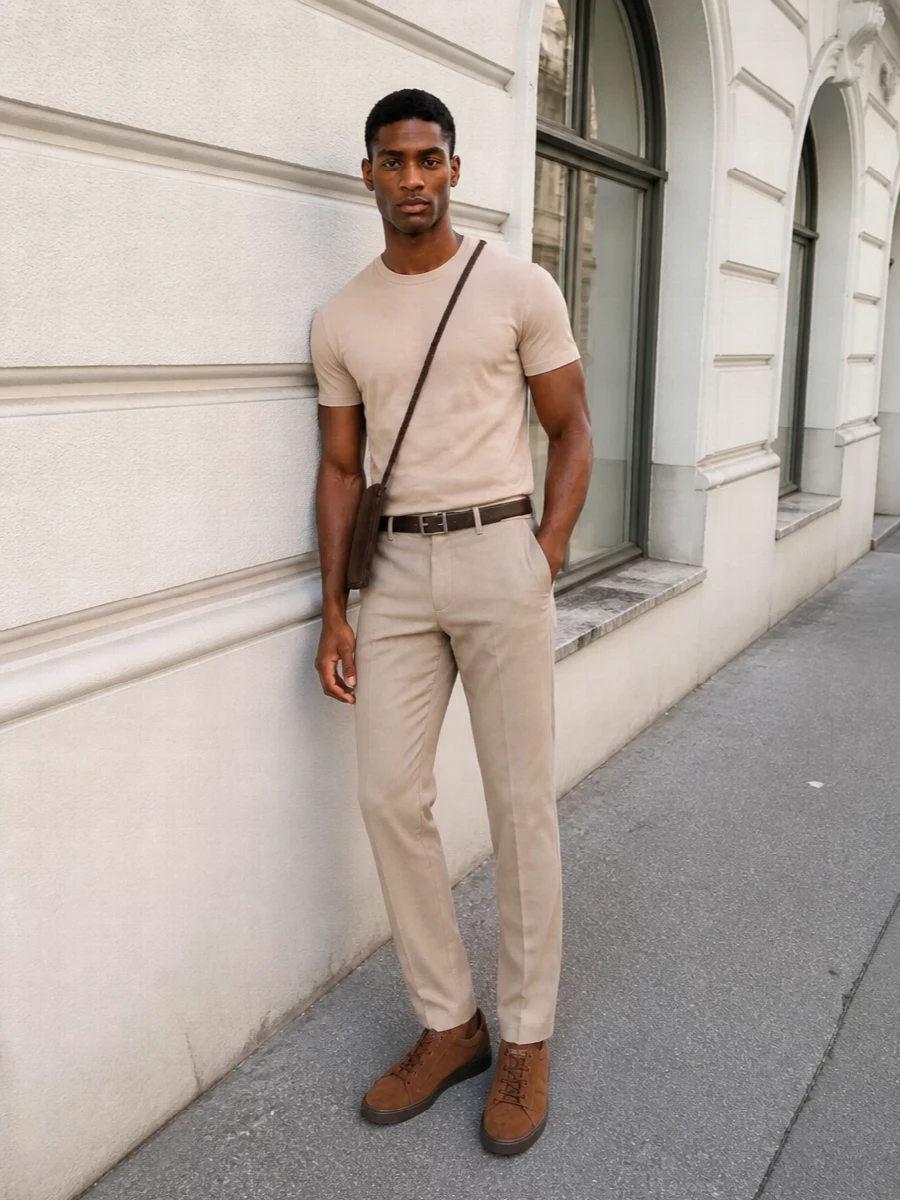 Warm neutrals stay in conversation here, with the beige tee and tailored trousers creating a clean column that feels relaxed but precise. Suede sneakers and a slim belt in rich browns deepen the palette without shouting, while the compact crossbody keeps everything practical and quietly refined for city days. The result is an easy, modern uniform that feels considered from brunch through casual evening plans.
