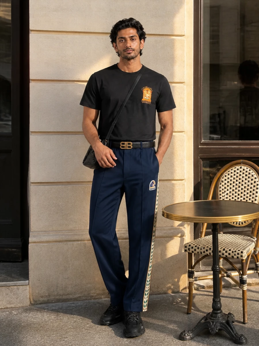 Casablanca graphic tshirt navy track pants outfit