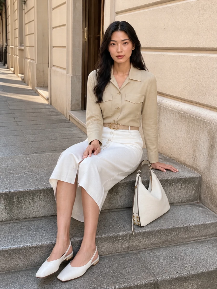 Courreges beige shirt white midi skirt outfit