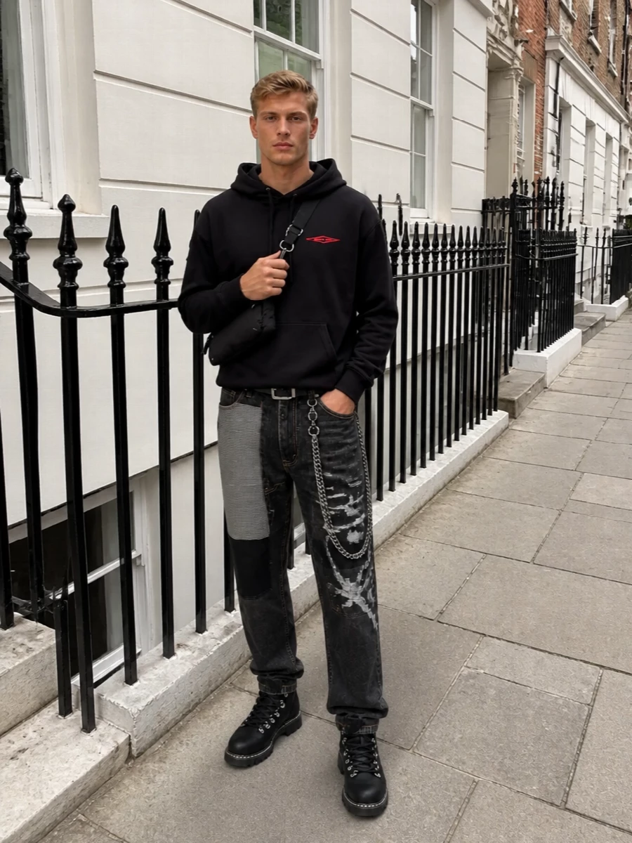 Junya watanabe patchwork jeans black hoodie outfit