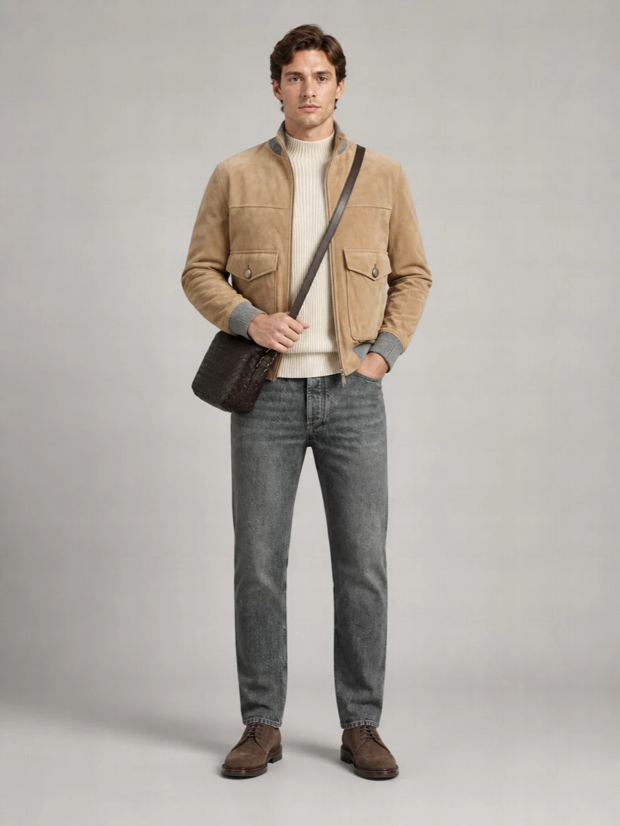 Brunello Cucinelli Suede Padded Bomber Jacket