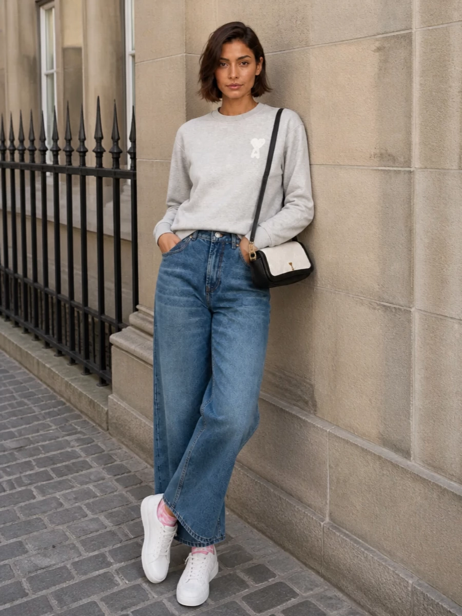 A soft grey crew and wide-leg faded denim set an easy, straight-through line that feels relaxed but considered. Clean off-white sneakers and a structured baguette keep the palette light and cohesive. A blush sock detail adds a small, playful colour note without disturbing the minimalist mood.