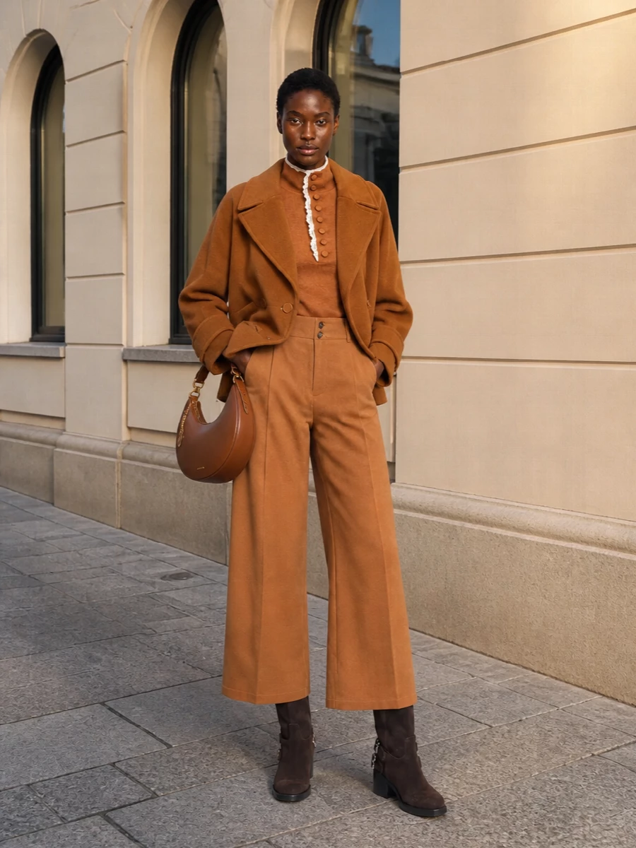Chloe camel coat wide leg trousers outfit