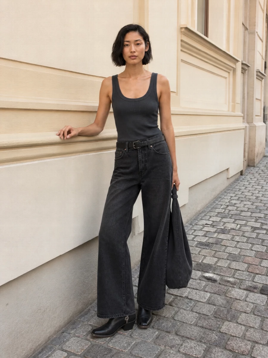 Washed black wide-legs set a relaxed base, sharp against the charcoal ribbed tank for a lean, clean upper half. Black western ankle boots and a slouchy charcoal hobo keep everything grounded in a low-key street mood. A slim black logo belt quietly defines the waist so the wide leg reads intentional, not oversized.